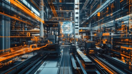 Fototapeta premium Digital twin technology projecting a D hologram of a factory's machinery