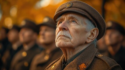 Veteran honors fallen comrades during solemn remembrance ceremony in lush autumn setting