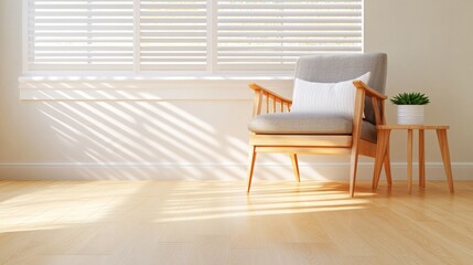 Serene Sunlight Illuminates Modern Wooden Chair and Side Table in Minimalist Room Interior Design