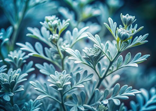 Silver leaves of Chinese Wormwood, delicate gray tones, tiny flowers. Botanical close-up.