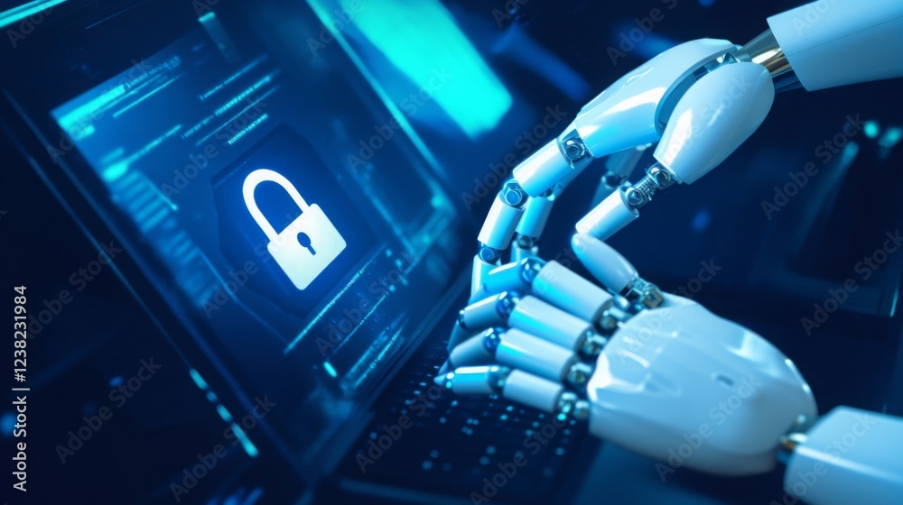 Leinwandbilder a robotic hand interacts with a laptop displaying a digital lock symbol, symbolizing cybersecurity a
