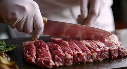 Chef slicing fresh beef in a modern kitchen setting