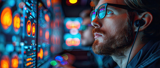 Focused professionals analyzing complex data on high-tech screens in a modern control room