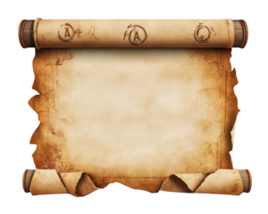 vintage scroll with weathered appearance, featuring torn edges and decorative elements at top. Ideal for historical or fantasy themes, this parchment evokes sense of adventure and mystery