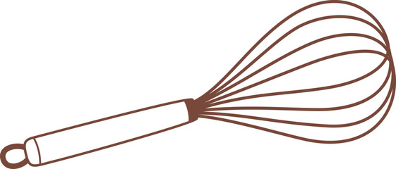 Simple brown line drawing of a kitchen whisk with thin metal wires and handle with hook, isolated on white background, representing baking and cooking tools