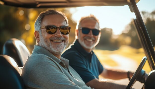 Two friends enjoying a sunny afternoon golf ride together
