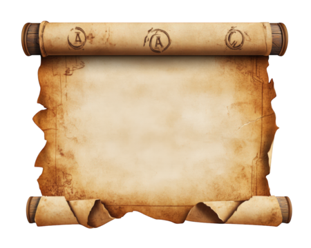 vintage scroll with weathered appearance, featuring torn edges and decorative elements at top. Ideal for historical or fantasy themes, this parchment evokes sense of adventure and mystery