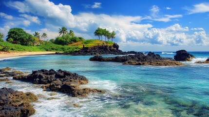 A small island at the edge of a tropical sea, with gentle waves lapping against the shoreline and vibrant coral reefs beneath the water