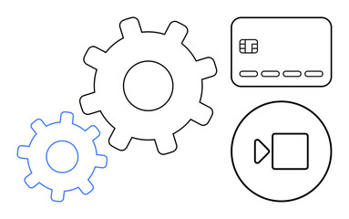 Two gear wheels, a credit card, and a media control button. Ideal for technology, finance, digital payments, automation, multimedia business processes workflow optimization. Line metaphor