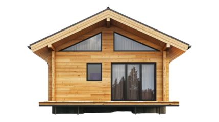 Modern wooden chalet reflecting forest landscape with transparent background
