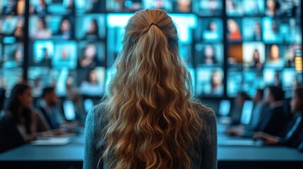 Professional Woman Engaging With Technology in a Conference Room. Generative AI