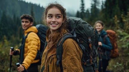 Fototapeta premium Smiling young female hiker with a backpack trekking on a mountain trail with friends during an overcast day.