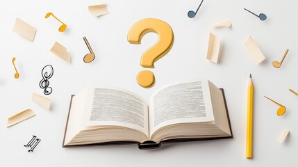 Open Book with Question Mark and Musical Notes Seeking Answers Through Music and Study