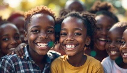 Joyful group of african children smiling and laughing outdoors