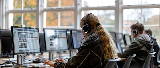 Students engaged in online learning at a modern computer lab during autumn