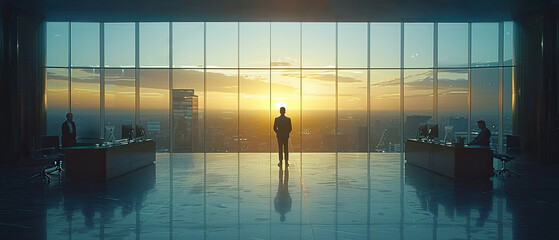 Business professionals in an office with a sunset view over a city skyline during evening hours