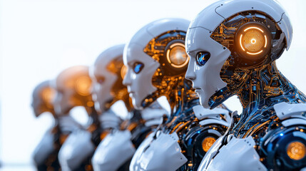 Fototapeta premium Futuristic robots with glowing circuits, symbolizing AI advancement and technology