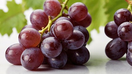 Purple Grapes,Red grapes hanging on vine in bunch, Close-up picture of juicy grapes with leaf isolated on white background