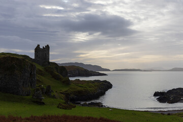 Dramatic sky with Gylen castle, Isle of Kerrera, Inner Hebrides, Scotland, UK.