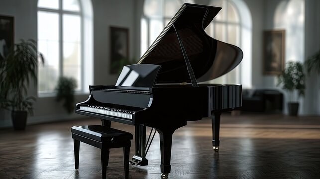 A black baby grand piano with its lid slightly raised, showcasing its elegant curves and high-gloss finish.