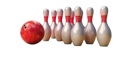 Red bowling ball rolling towards bowling pins on transparent background