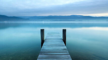 Obraz premium A serene wooden dock extending into a calm lake surrounded by mountains under a cloudy sky.