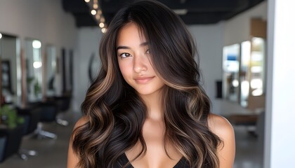 Obraz premium Young Woman With Long Wavy Brown Hair and Highlights
