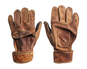 Rugged brown leather gloves, ideal for work or outdoor activities, showcasing wear and durability. Perfect for those who appreciate quality craftsmanship