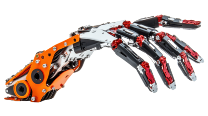Robotic hand reaching out on transparent background