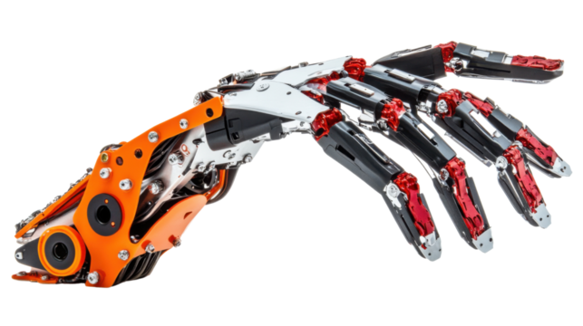 Robotic hand reaching out on transparent background