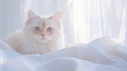 Serene white cat relaxing on a cozy bed, picture of comfort and peace