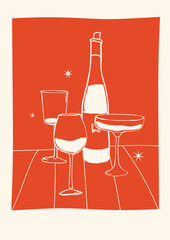 Posters in a whimsical and charming trendy style. The poster Wine Club feature elegant glasses and bottles of wine, including a wine club poster. Hand draw la dolce vita doodles