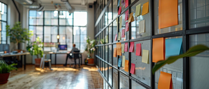 Modern office interior with creative workspace and colorful sticky notes for brainstorming activities