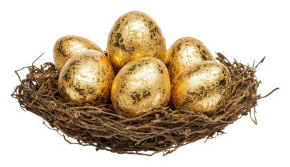 PNG Golden eggs nestled in a rustic brown nest