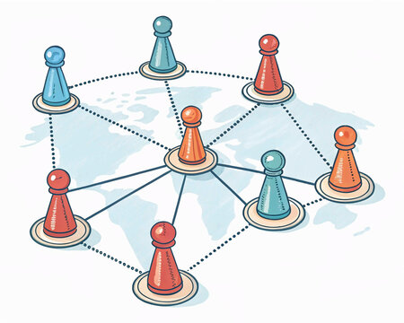 social network connection, group of people illustrated using a pawn or miniatures, connected with a lines ,networking, sharing information instantly ,expanding your world and staying informed