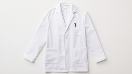 Obraz premium A plain white lab coat hangs against a neutral background, symbolizing professionalism in medical and scientific fields.