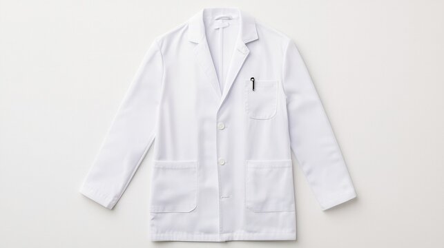 A plain white lab coat hangs against a neutral background, symbolizing professionalism in medical and scientific fields.