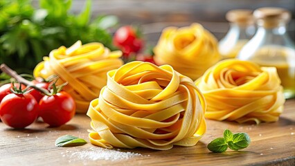 Sunlit fettuccine twirls, minimalist elegance, vibrant hues dominate the panoramic culinary scene.