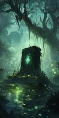 Fototapeta premium Emerald Obelisk in Eerie Forest, Mystical Glow Digital Art Wallpaper