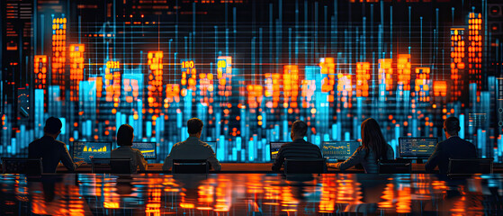 Team of data analysts monitoring financial trends in a high-tech control room at night