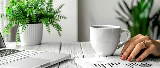 Working diligently at a desk with a laptop, coffee, and plants during daytime hours