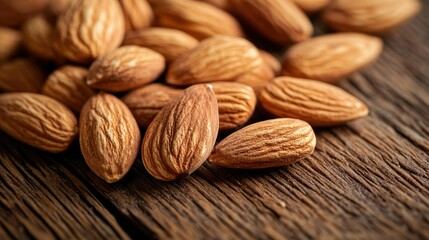 A close-up of roasted organic almonds scattered across a wooden surface, showing their rich golden-brown color.
