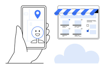 Obraz premium Hand holding a smartphone displaying a map with location icon, next to a screen with an online store interface under an awning. Ideal for technology, navigation, e-commerce, online shopping, digital