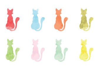vector set of colorful cats with watercolor fill, isolated on white background