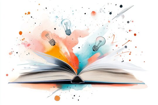 A soft watercolor painting of an open book with colorful words and symbols like lightbulbs and globes spilling out, symbolizing general knowledge and ideas