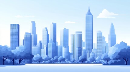 Fototapeta premium Cityscape, park, skyline, illustration, urban, design, background, blue, tranquil, morning