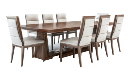 Modern wooden dining table with eight white leather chairs on transparent background