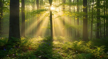 Obraz premium Sunbeams Through Forest Landscape Photography Print