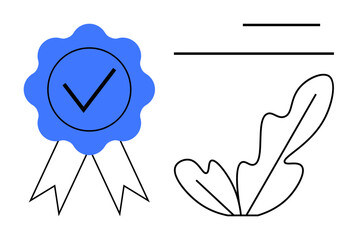 Blue ribbon with a check mark beside abstract lines and a leaf. Ideal for quality assurance, achievement, recognition, approval, certification, minimalistic design, educational themes. Simple