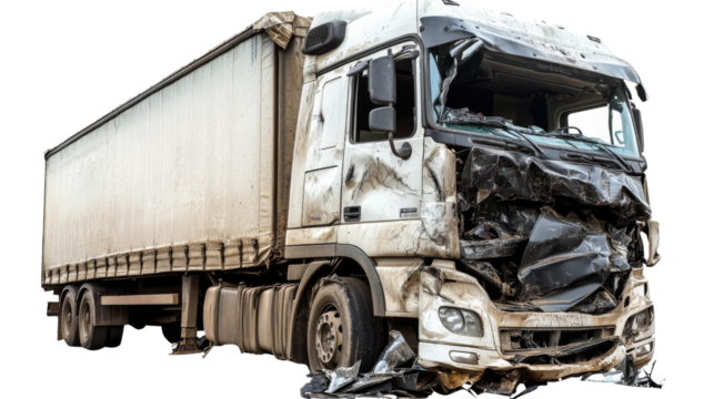 Crashed white semi-truck isolated on transparent background showing extensive damage